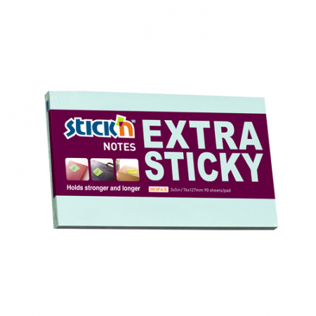Notesuri adezive, cuburi din hartie - Notes autoadeziv extra-sticky 76 x 127mm, 90 file, Stick"n - albastru pastel