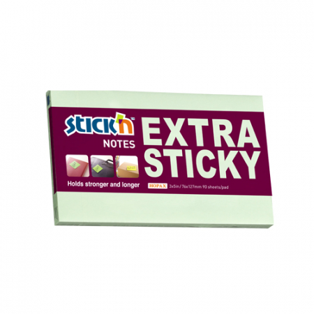 Notesuri adezive, cuburi din hartie - Notes autoadeziv extra-sticky 76 x 127mm, 90 file, Stick"n - verde pastel