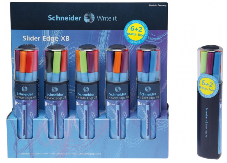 Pixuri fara mecanism - Pix SCHNEIDER Slider Edge XB, rubber grip, varf 1.4mm, 8 culori/set - (N,R,A,V,O,V,Roz,B)