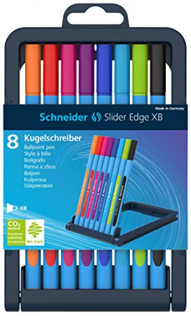 Pixuri fara mecanism - Pix SCHNEIDER Slider Edge XB, rubber grip, varf 1.4mm, 8 culori/set - (N,R,A,V,O,V,Roz,B)