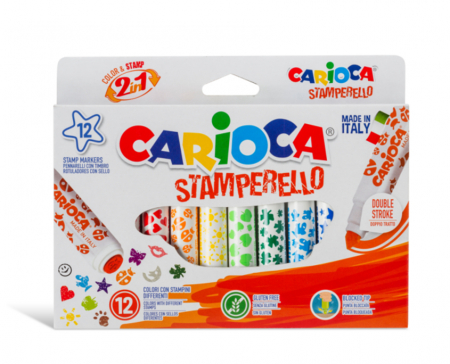 Articole fara gluten - Set 12 markere lavabile, cu 12 stampile diverse forme, cutie carton, CARIOCA Stamperello