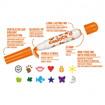 Set 6 markere lavabile, cu 6 stampile diverse forme, cutie carton, CARIOCA Stamperello [1]
