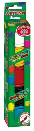 Acuarele, accesorii pictura - Tempera lavabila, 5 culori x 40ml/cutie + pensula gratis, Alpino