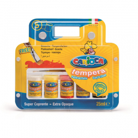 Acuarele, accesorii pictura - Tempera super lavabila, 5 culori x 25ml/set + pensula, CARIOCA Tempera