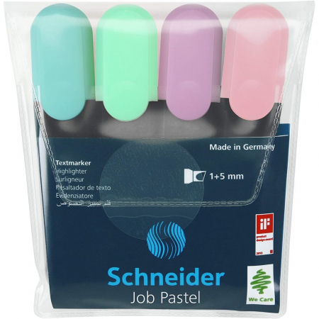 Textmarkere - Textmarker SCHNEIDER Job Pastel, varf lat, 4 culori/set -(turcoaz, menta, lavanda, roze)