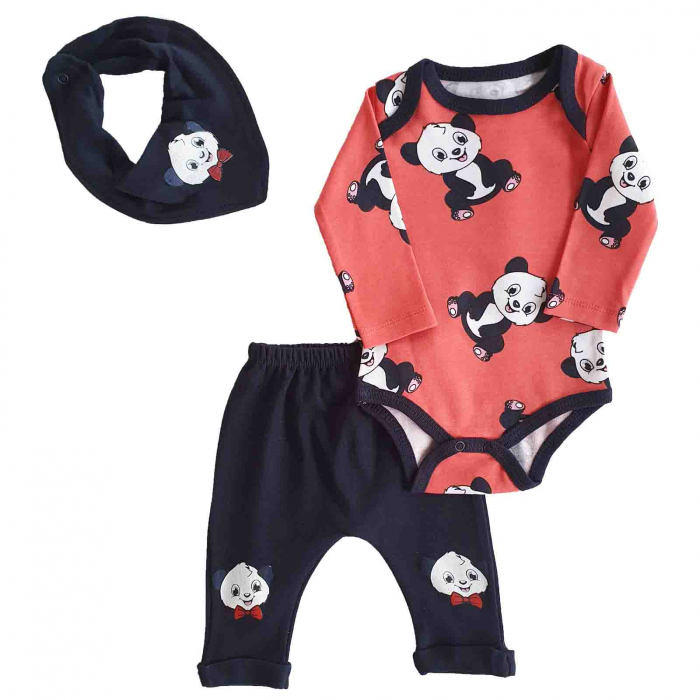 Set body, pantaloni si babetica corai panda bumbac 0-6 luni [1]