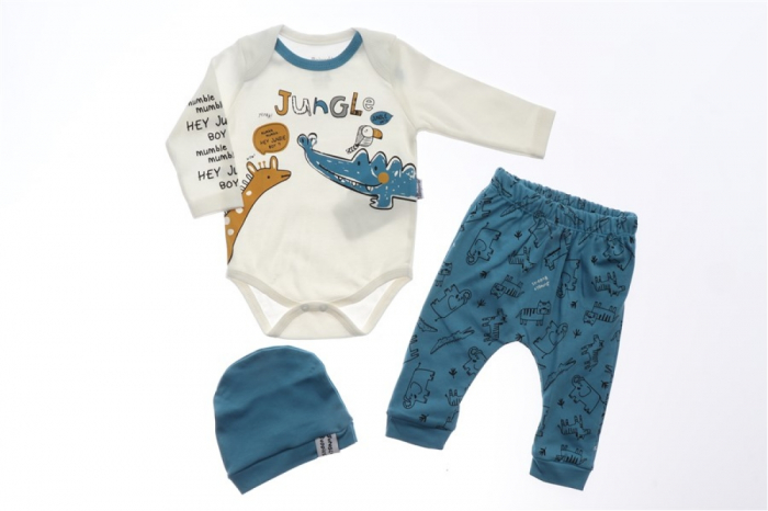 Set body, pantaloni si caciulita animalute albastru bebelusi bumbac 3-9 luni [1]