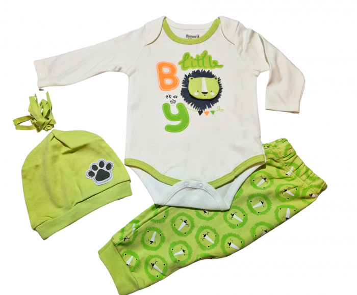Set body, pantaloni si caciulita Little Boy bebelusi bumbac 3-9 luni  [2]