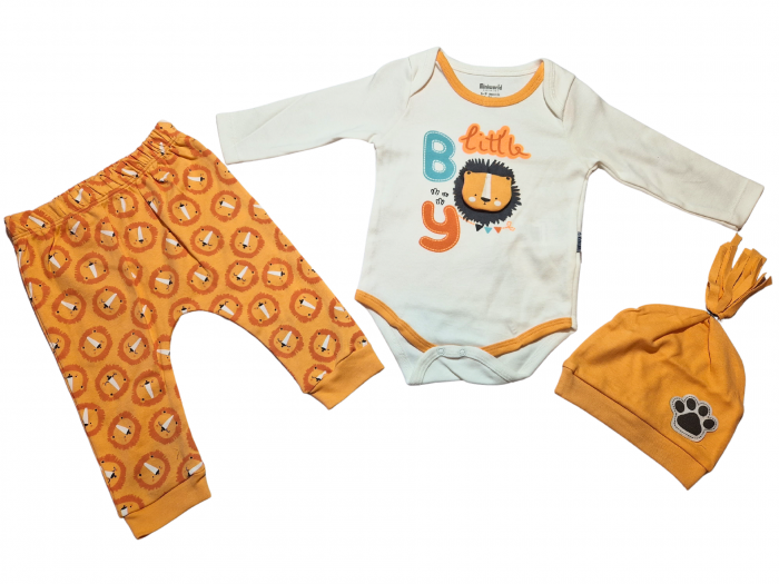 Set body, pantaloni si caciulita Little Boy bebelusi bumbac 3-9 luni  [4]