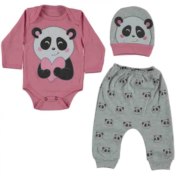Set body, pantaloni si caciulita panda cu inimioara roz bebelusi bumbac 0-6 luni [1]