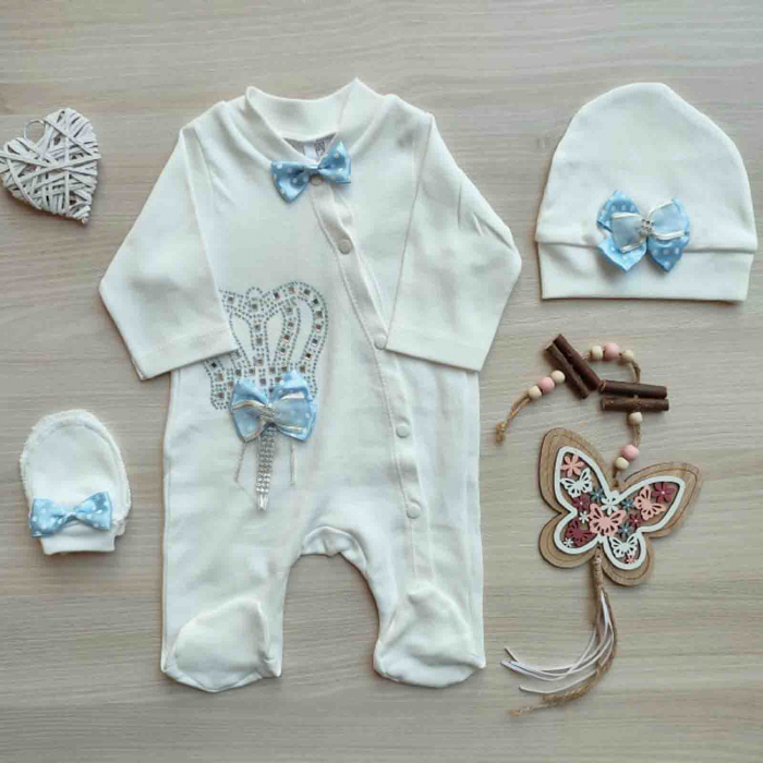 Set salopeta, manusi si caciuita coronita alb cu bleu bebelusi bumbac 0-9 luni [1]
