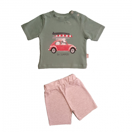 Compleuri - Compleu bebelusi tricou verde masinuta si pantaloni scurti gri bumbac 3-9 luni