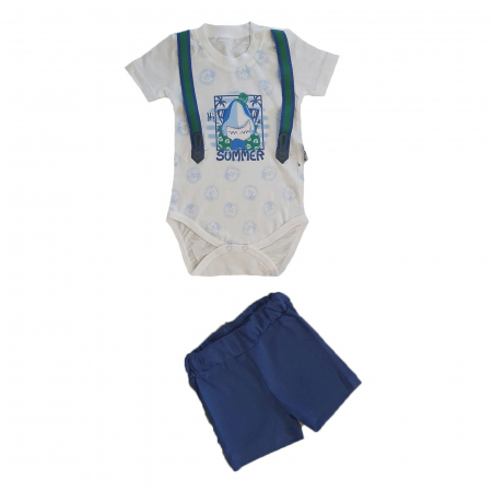 Compleuri - Compleu bebelusi body maneca scurta rechin si pantaloni scurti albastri bumbac 0-9 luni