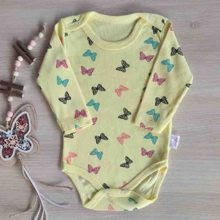 Body-uri - Body maneca lunga fluturasi galben bebelusi bumbac 0-9 luni