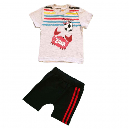 Baietei - Compleu bebelusi pantaloni scurti negri si tricou rac gri bumbac 12-18 luni