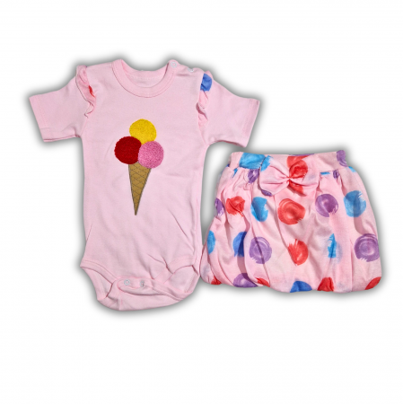Rochite & Fustite - Compleu Body si fustita Inghetata Roz bebelusi bumbac 0-9 luni