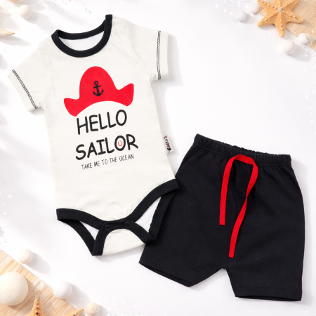 Baietei - Compleu Body si Pantalon scurt Hello Sailor Palarie bebelusi bumbac 0-9 luni