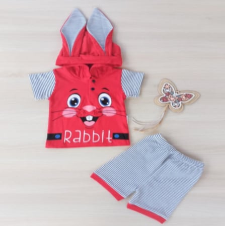 OUTLET - Compleu maneca scurta ierpuras rosu si dungi negre bebelusi bumbac 6-24 luni