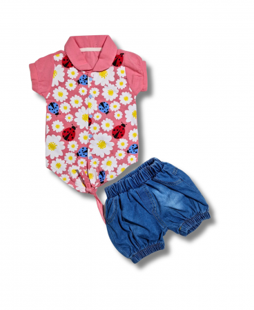 Fetite - Compleu Tricou Gargarita si flori si pantaloni blug fetite 6-24 luni