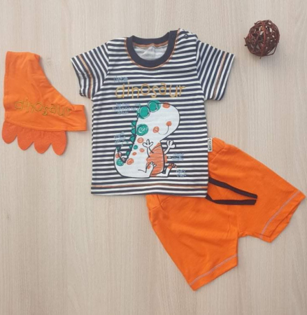 Baietei - Set bebelusi tricou, pantaloni scurti si bevetica dinozaur bumbac 3-12 luni