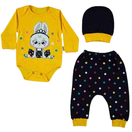 Baietei - Set body, pantaloni si caciulita iepuras galben bebelusi bumbac 0-6 luni