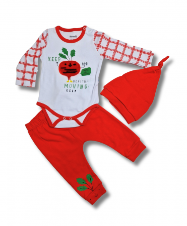 Body-uri - Set body, pantaloni si caciulita legume portocaliu bebelusi bumbac 3-9 luni