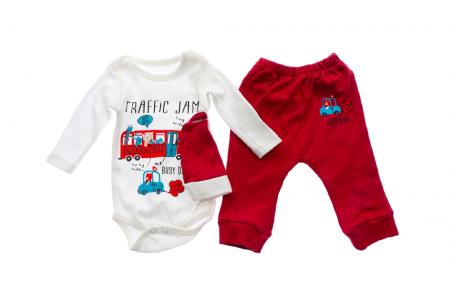 Body-uri - Set body, pantaloni si caciulita rosu bebelusi bumbac 0-9 luni 