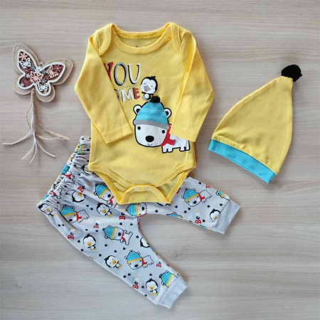 Baietei - Set body, pantaloni si caciulita you & me galben bebelusi bumbac 3-9 luni