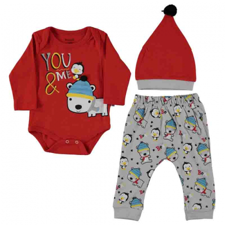 Compleuri - Set body, pantaloni si caciulita You & Me rosu bebelusi bumbac 3-9 luni