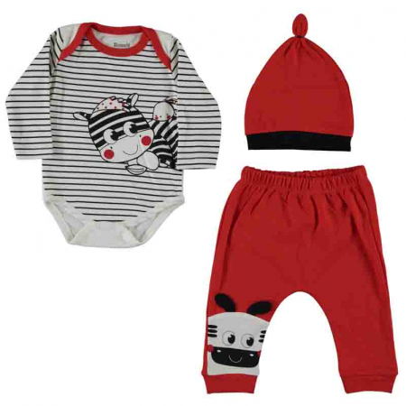 Baietei - Set body, pantaloni si caciulita zebra bebelusi bumbac 3-9 luni