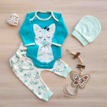 Baietei - Set body pisicuta verde bebelusi bumbac 0-6 luni