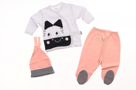 Compleuri - Set nou nascuti 3 piese bluzita, pantaloni, caciulita somon bumbac 3-6 luni