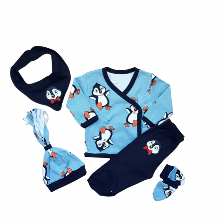 Baietei - Set nou nascuti 5 piese bluzita, pantaloni, caciulita, bavetica si manusi pinguin bumbac