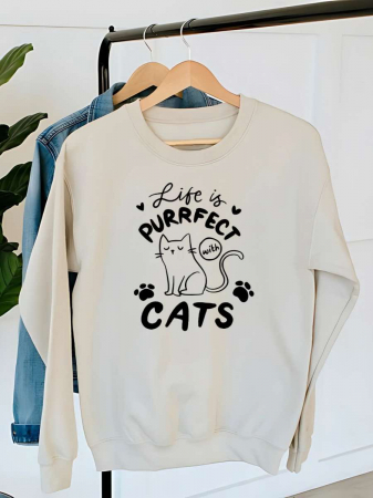 Hanorace fara gluga cu pisici - HANORAC DAMA OVERSIZE PERSONALIZAT - Life is purrfect with cats