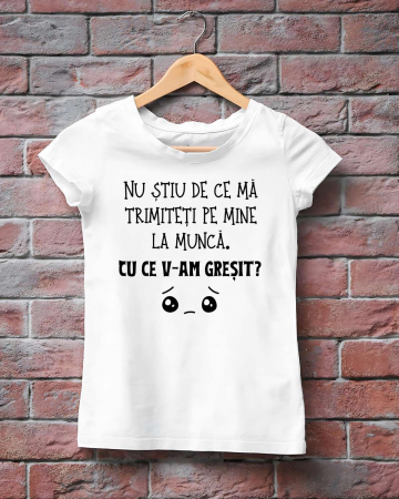 Tricouri care merg la munca - TRICOU PERSONALIZAT DAMA - Nu stiu de ce ma trimiteti pe mine la munca. Cu ce v-am gresit?