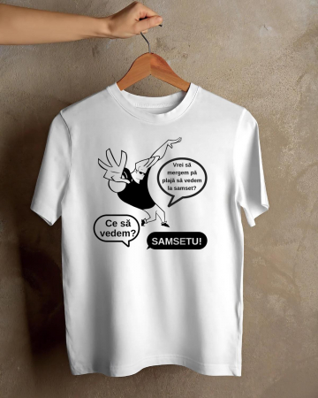 Tricouri de agatat - TRICOU PERSONALIZAT PENTRU BARBATI - Vrei sa mergem pa plaja sa vedem la SAMSET?