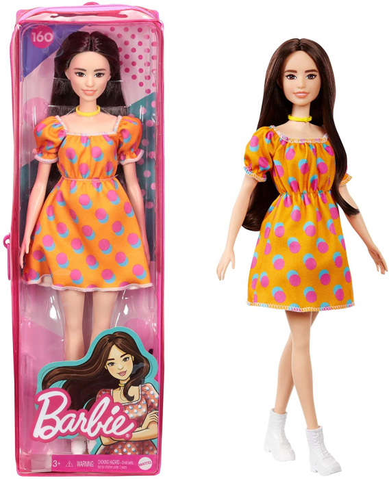 Papusa barbie fashionista satena cu rochita portocalie cu buline [7]