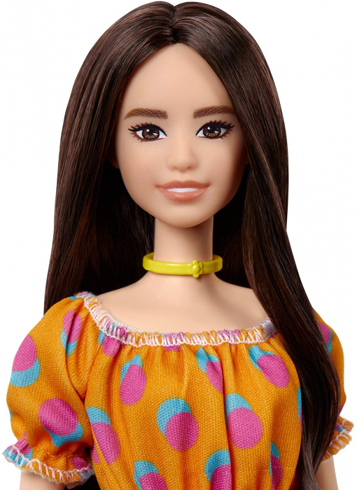 Papusa barbie fashionista satena cu rochita portocalie cu buline [4]