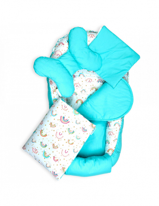 Set 5 piese Baby Nest din Bumbac, curcubeu cu turcoaz [3]