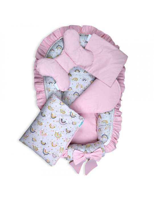 Set 5 piese Baby Nest Premium din Bumbac, curcubeu cu roz deschis [5]