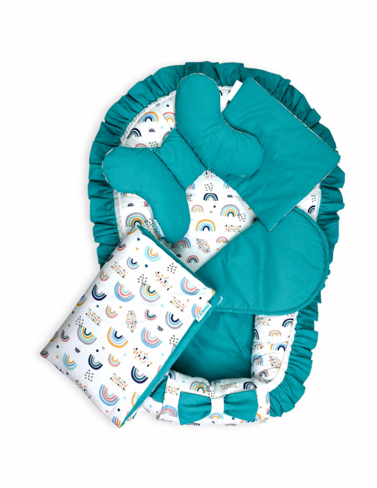 Set 5 piese Baby Nest Premium din Bumbac, curcubeu cu turcoaz [2]