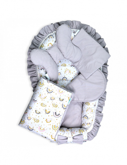 Set 5 piese Baby Nest Premium din Bumbac, curcubeu cu gri [2]