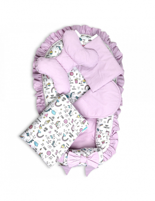Set 5 piese Baby Nest Premium din Bumbac, unicorn cu roz deschis [2]