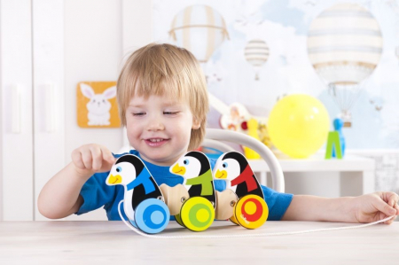 3 Pinguini Din Lemn Cu Roti Si Snur [2]