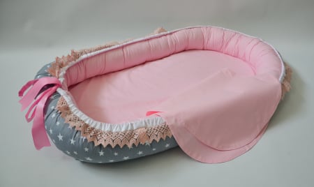 Baby Nest 0-6 luni, compact, model gri cu stele, roz, dantelă. DeLux [0]