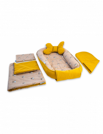Baby Nest - Set 5 piese Baby Nest din Bumbac, model galben bufnita