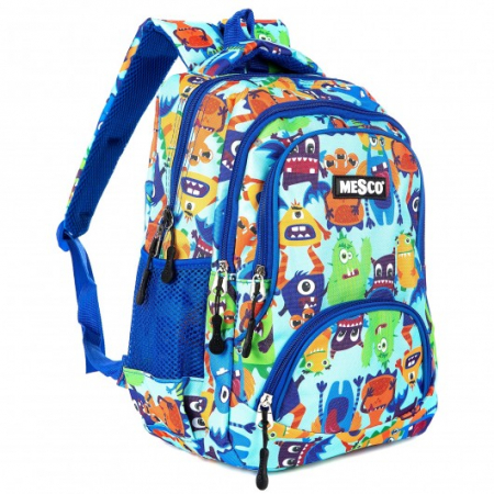 Ghiozdan scoala Mesco 4 compartimente, Monstri, Albastru, 38 x 25 x 15 cm [0]