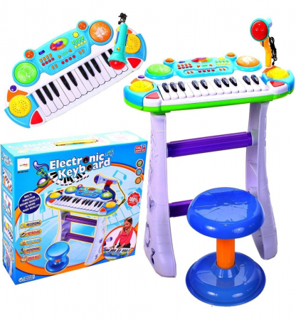 Instrument muzical pianina electronica malplay cu scaun si microfon 45 cm inaltime albastru [2]