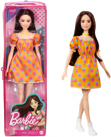 Papusa barbie fashionista satena cu rochita portocalie cu buline [6]