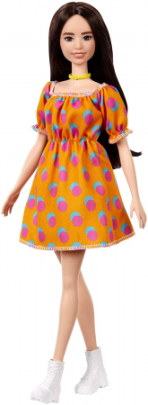 Papusa barbie fashionista satena cu rochita portocalie cu buline [1]